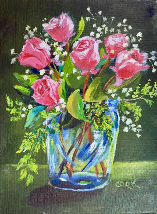 acrylic painting flowers in glass vase