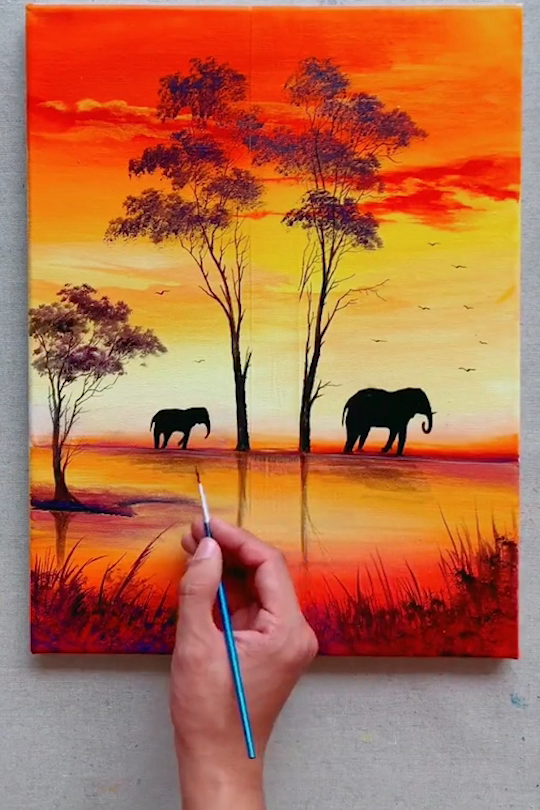 elephant sunset acrylic painting for beginners
