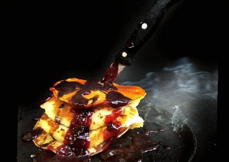 recipe tasty halloween spooky soul representing banana pancakes with strawberry sauce