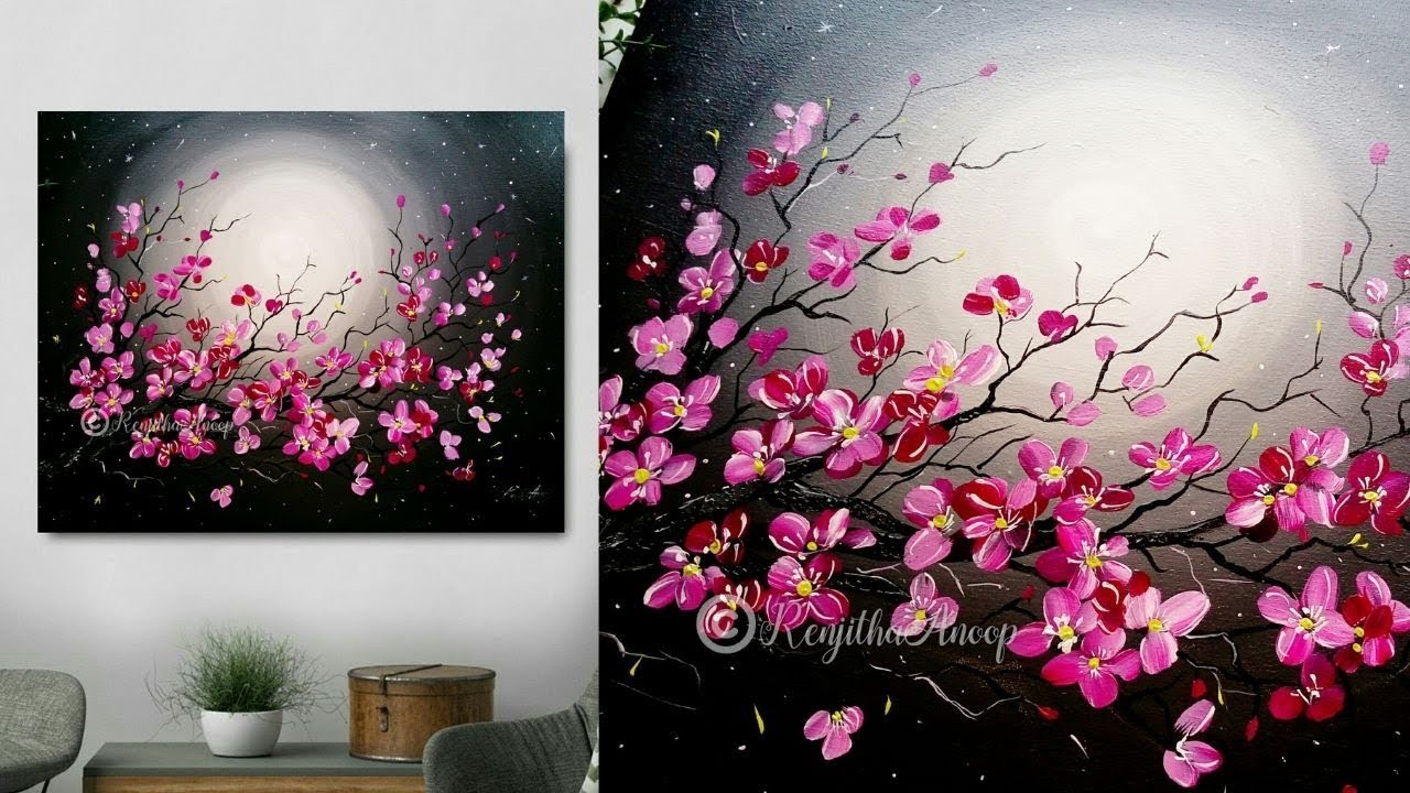 step by step acrylic painting on canvas for beginners moon light night painting tree of flowers