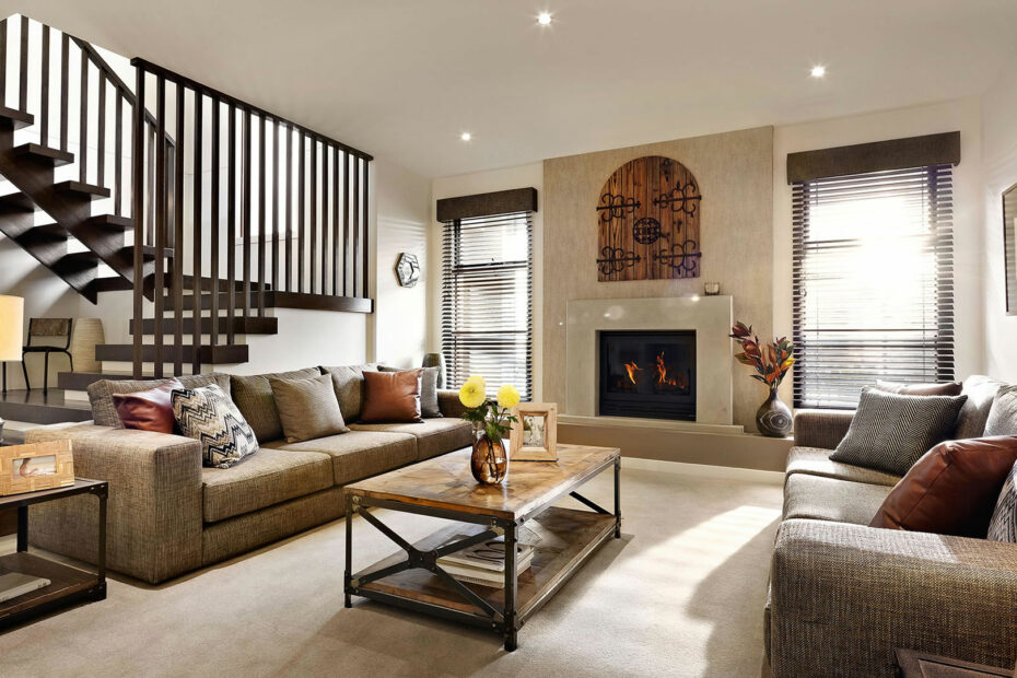 rustic modern living room wall decor ideas Modern rustic living room with stunning wall decor and ottoman table 90 Contemporary Rustic Living Room With White Wall Brown Sofa Wooden Table Fireplace Lamp And Awesome Stairs