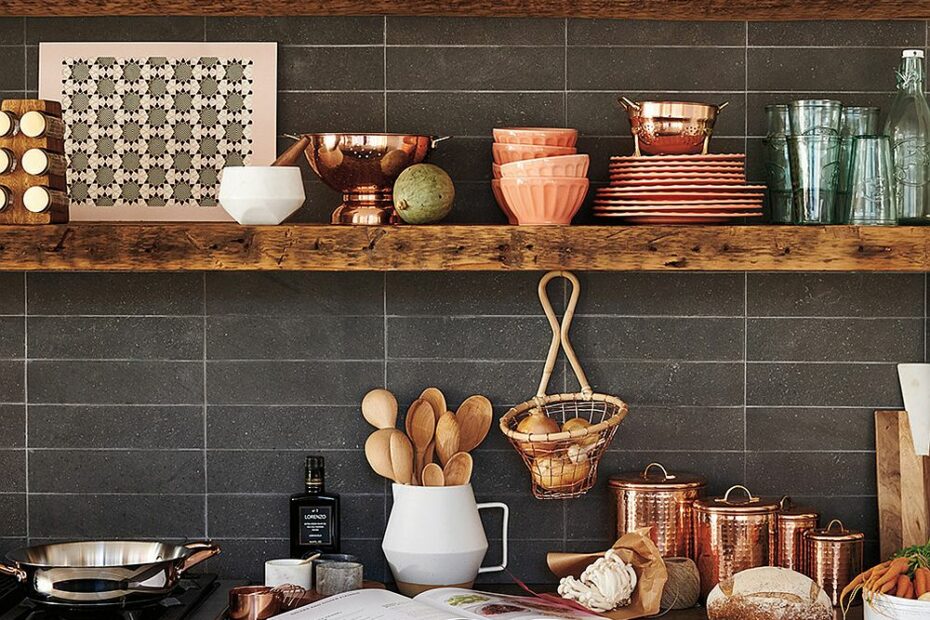 Modern farmhouse kitchen with rustic shelving and a dark backdrop
