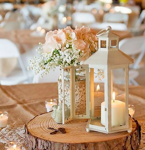 rustic lantern wedding centerpiece ideas with lace and burlap decorations